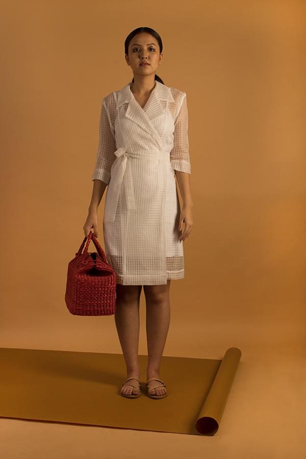 Wrap-over trench collar style see-through silk dress.