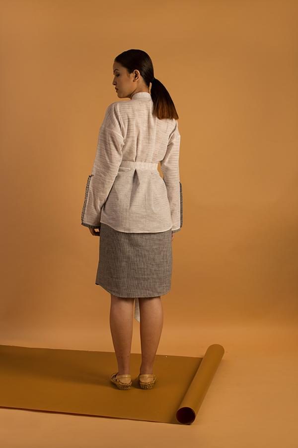 Wrap-over shirt style dress in Handwoven khadi fabric with space dyed yarn.