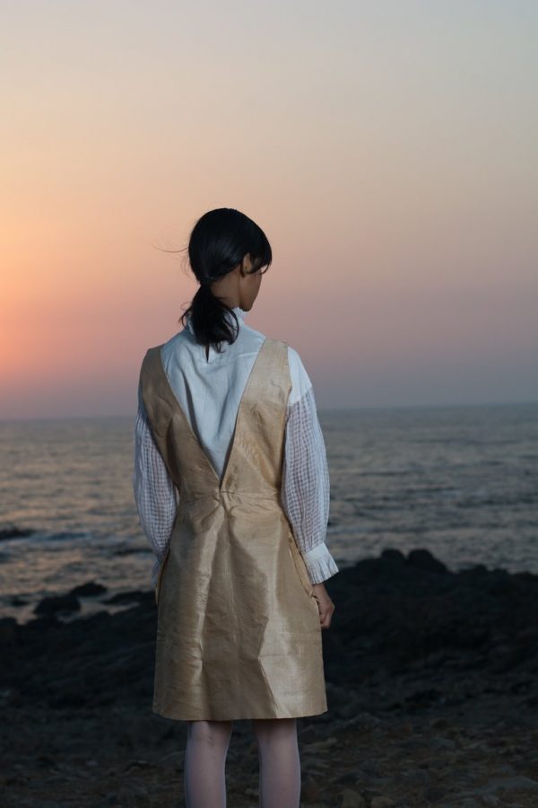 Toss muga silk "V" Neck dress with patch pocket detail.