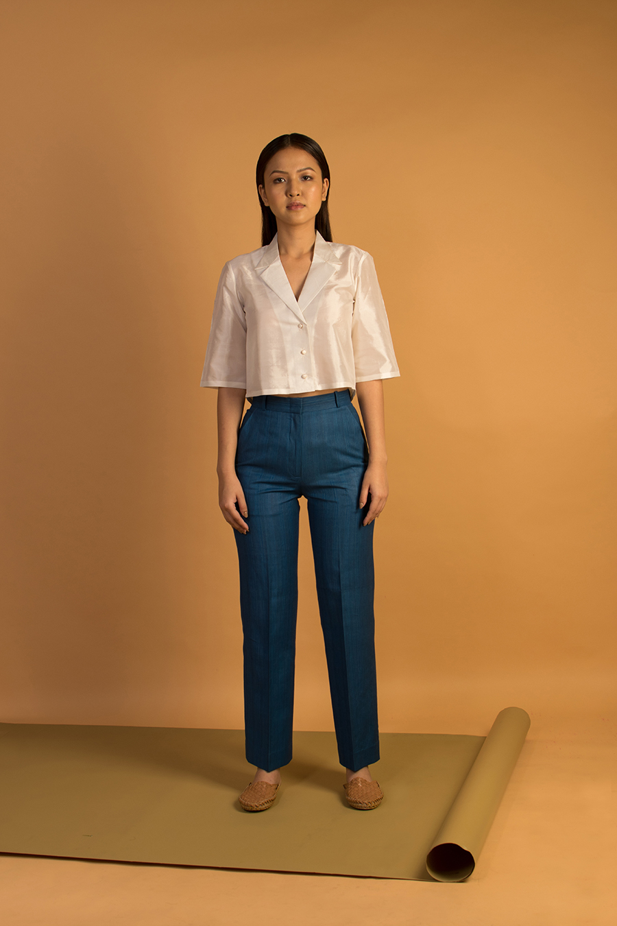 Front crease High waist wide leg pants in Handwoven self striped fabric –  URA MAKU